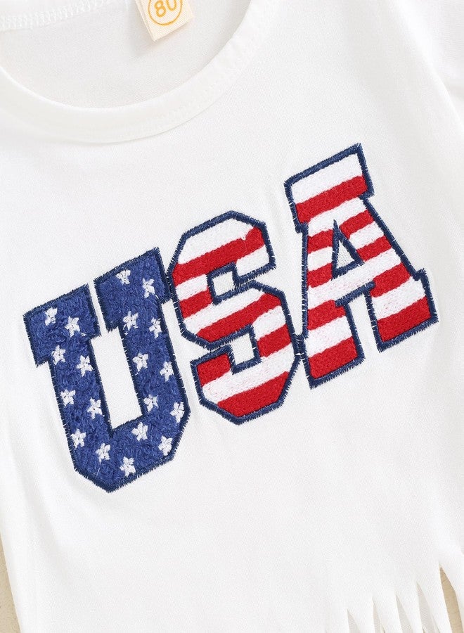 Socutebabe طقم ملابس بناتي من Socutebabe للاحتفال بيوم الاستقلال الأمريكي، يتضمن تيشيرت مطرز عليه شعار الولايات المتحدة الأمريكية وشرابات، وشورت جينز، قطعتين (أبيض، 12-18 شهرًا). - Image 3