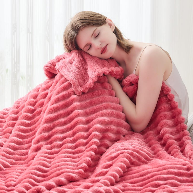 NEWCOSPLAY Super Soft Twin Blanket Coral Pink Premium Silky Flannel Fleece 3D Ribbed Jacquard Lightweight Bed Blanket All Season Use (Coral Pink Ribbed  Twin(60""x80"")) - Image 4