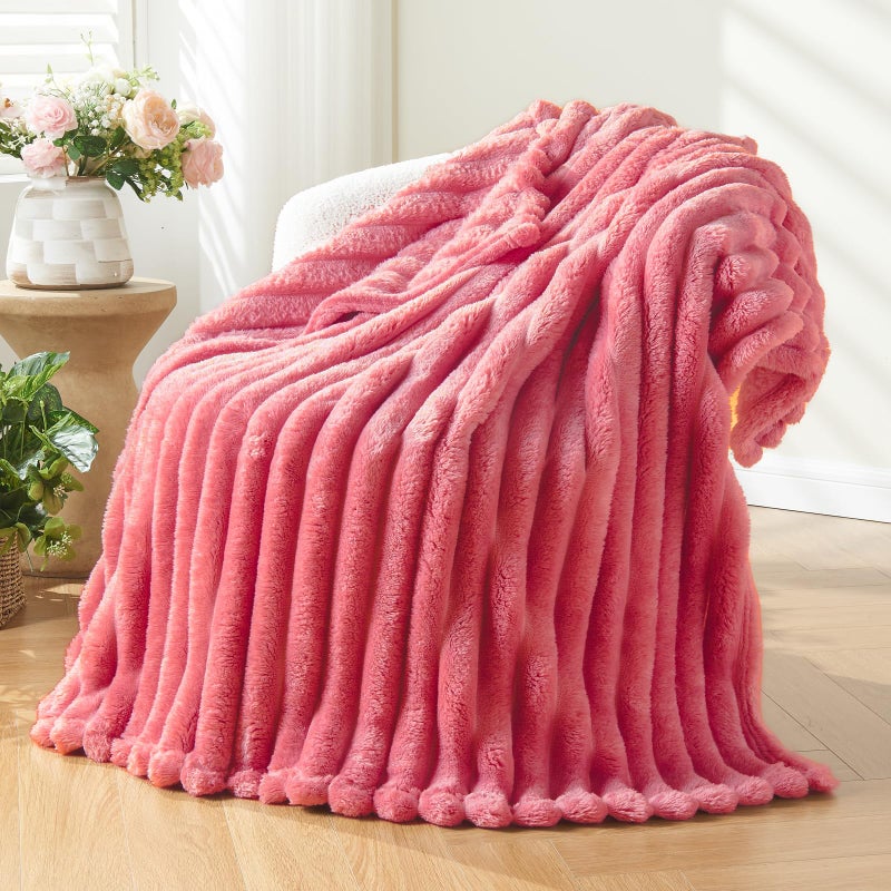 NEWCOSPLAY Super Soft Twin Blanket Coral Pink Premium Silky Flannel Fleece 3D Ribbed Jacquard Lightweight Bed Blanket All Season Use (Coral Pink Ribbed  Twin(60""x80"")) - Image 1