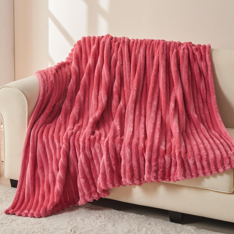 NEWCOSPLAY Super Soft Twin Blanket Coral Pink Premium Silky Flannel Fleece 3D Ribbed Jacquard Lightweight Bed Blanket All Season Use (Coral Pink Ribbed  Twin(60""x80"")) - Image 3