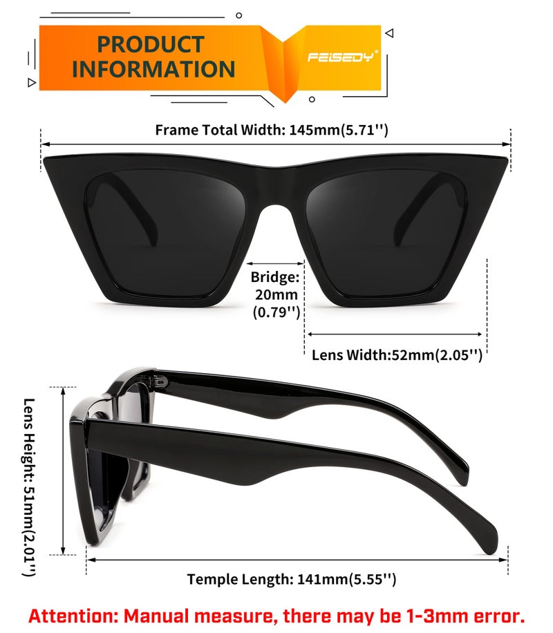 FEISEDY Sunglasses Womens Trendy, Vintage Square Cat Eye Sun Glasses, UV400 Protection B2473(Polarized Black) - Image 4