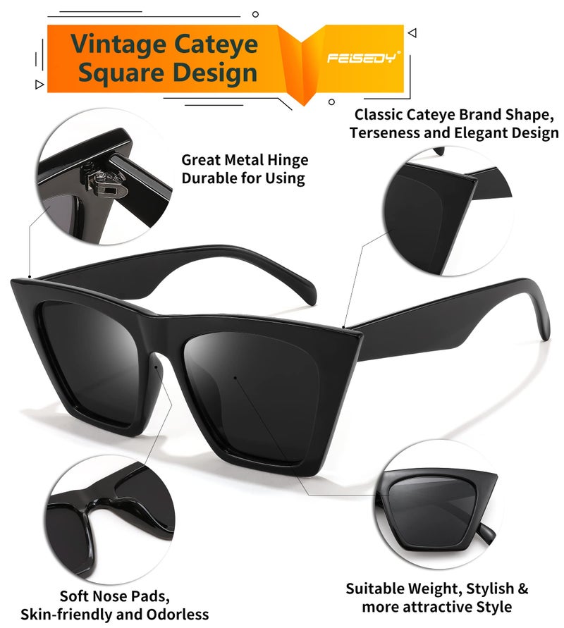 FEISEDY Sunglasses Womens Trendy, Vintage Square Cat Eye Sun Glasses, UV400 Protection B2473(Polarized Black) - Image 3