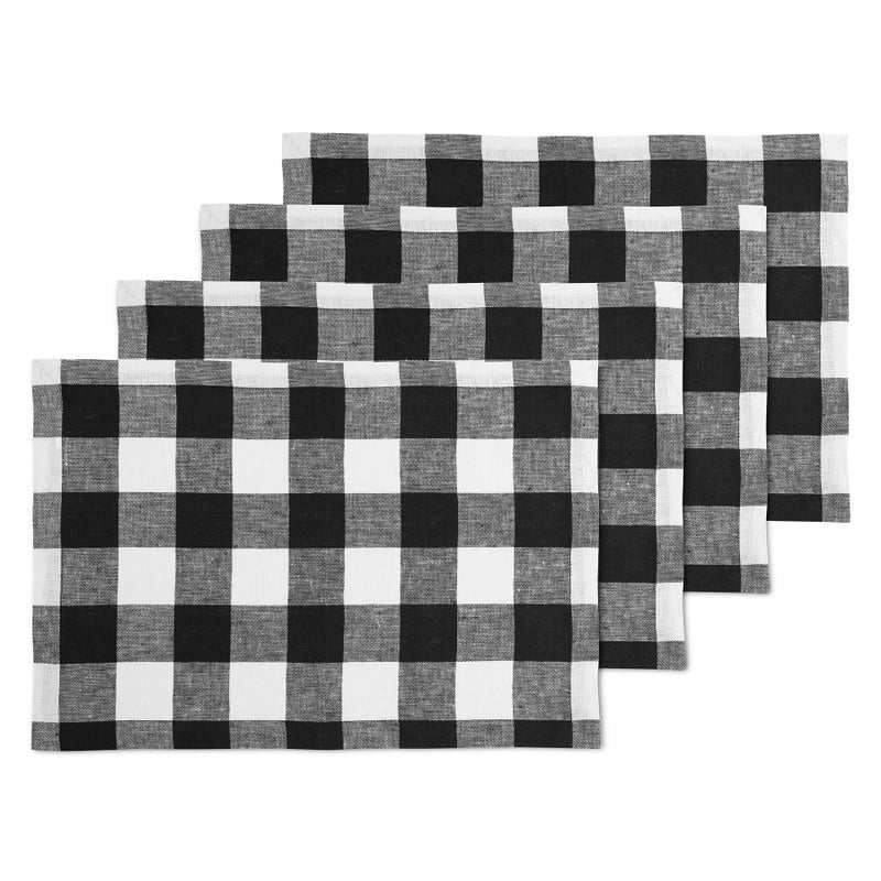 Solino Home Solino Home Buffalo Check Linen Placemats 19"" L x 14"" W Inch - 100% Pure Linen Black and White Plaid Cloth Placemats Set of 4 - Washable Fabric Checkered Place Mats for Spring  Easter  - Image 1