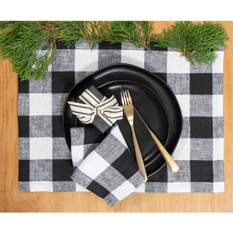 Solino Home Solino Home Buffalo Check Linen Placemats 19"" L x 14"" W Inch - 100% Pure Linen Black and White Plaid Cloth Placemats Set of 4 - Washable Fabric Checkered Place Mats for Spring  Easter  - Image 2