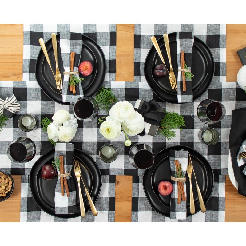 Solino Home Solino Home Buffalo Check Linen Placemats 19"" L x 14"" W Inch - 100% Pure Linen Black and White Plaid Cloth Placemats Set of 4 - Washable Fabric Checkered Place Mats for Spring  Easter  - Image 4