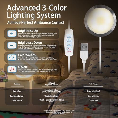 3DZWMAN 3PCS LED Lamp Kit 001 Compatible with Bambu Lab A1 mini/A1/P1S/P2S/X1C/X1E/X2D Makerworld 3D Prints, 3 Color Temperature, Power Outage Color Storage, Dimming, DIY Hardware Spare Parts - Image 2