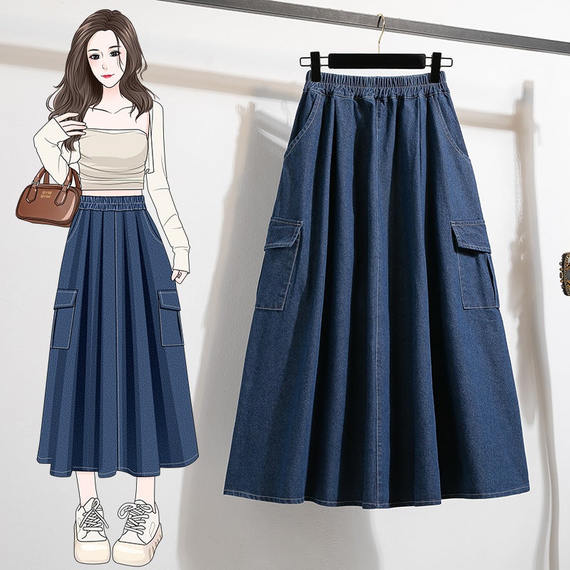 Denim Pure Color Large Size Skirt Spring & Fall 2025 Casual Loose Ruffled Skirt A-Line Skirt Mid-Length Skirt High Waist - Image 4