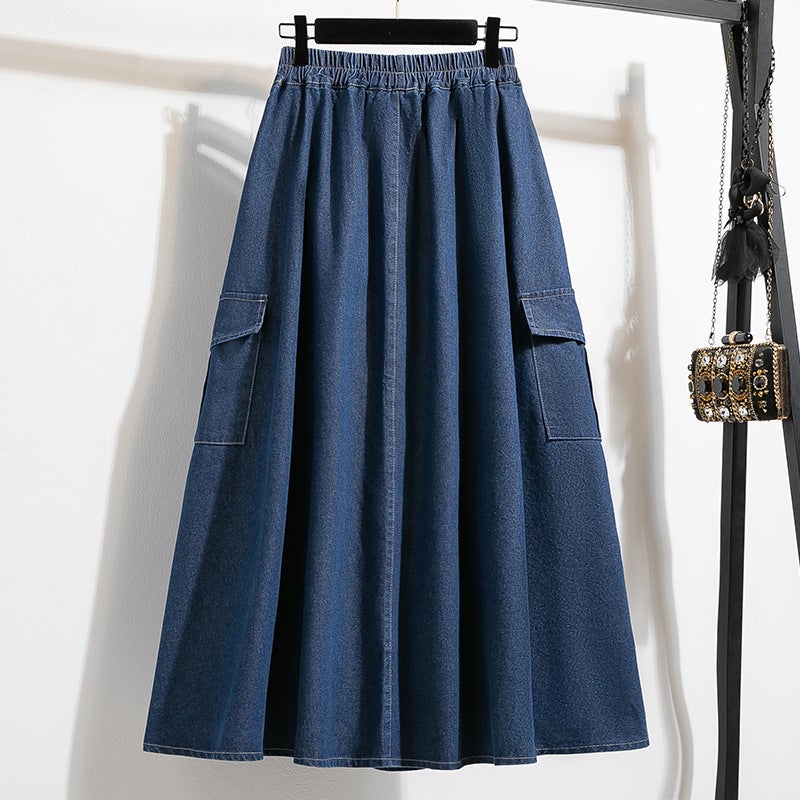 Denim Pure Color Large Size Skirt Spring & Fall 2025 Casual Loose Ruffled Skirt A-Line Skirt Mid-Length Skirt High Waist - Image 3