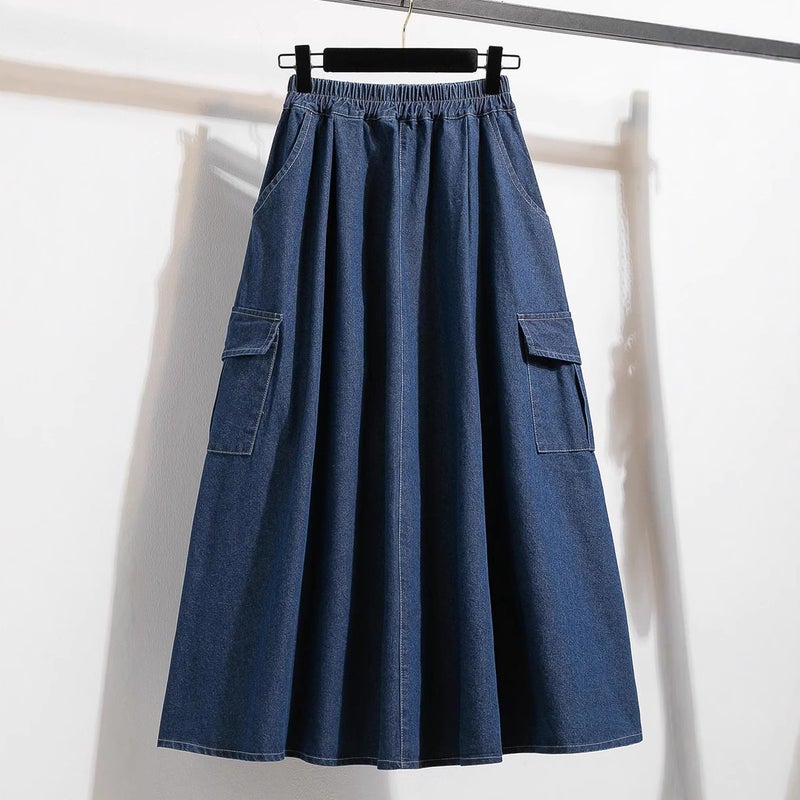 Denim Pure Color Large Size Skirt Spring & Fall 2025 Casual Loose Ruffled Skirt A-Line Skirt Mid-Length Skirt High Waist - Image 5