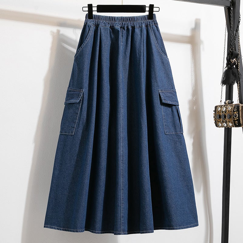 Denim Pure Color Large Size Skirt Spring & Fall 2025 Casual Loose Ruffled Skirt A-Line Skirt Mid-Length Skirt High Waist - Image 2