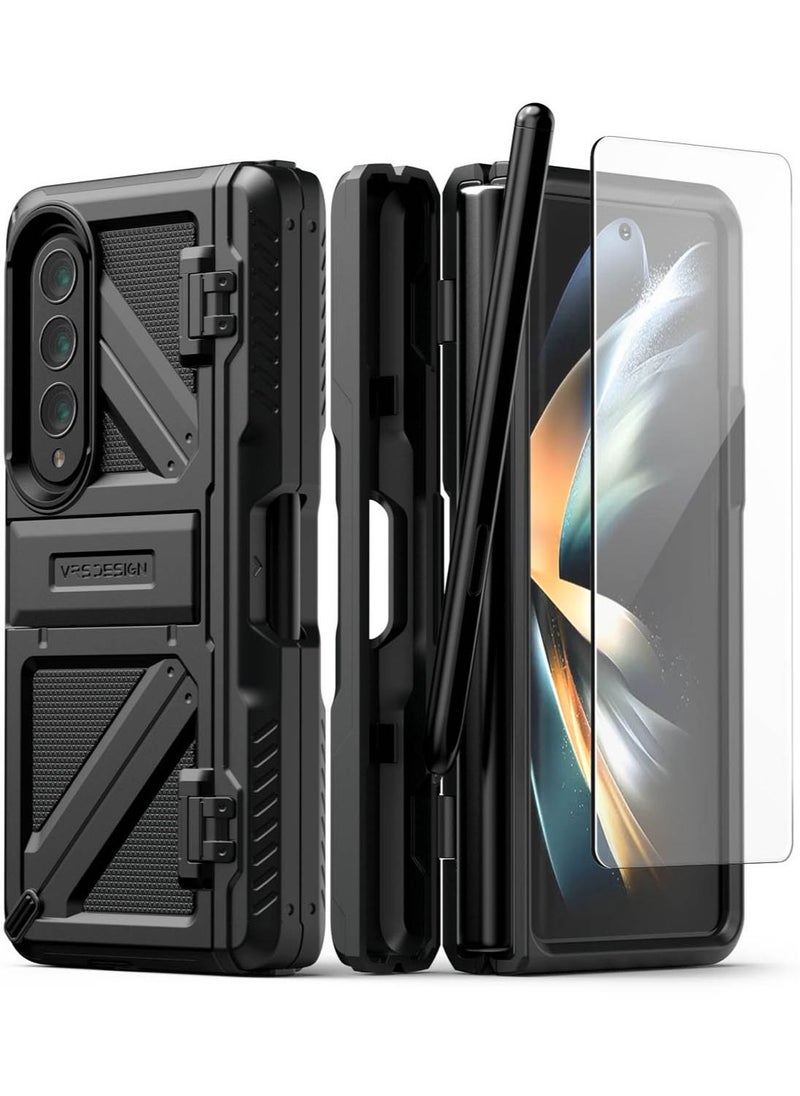 VRS Design - Terra Guard Ultimate S (S-Pen Compartment in Hinge Protection) for Samsung Galaxy Z Fold 4 Case Cover (2022) with Kickstand & Screen Protector- Matte Black (S-Pen NOT included) - Image 1