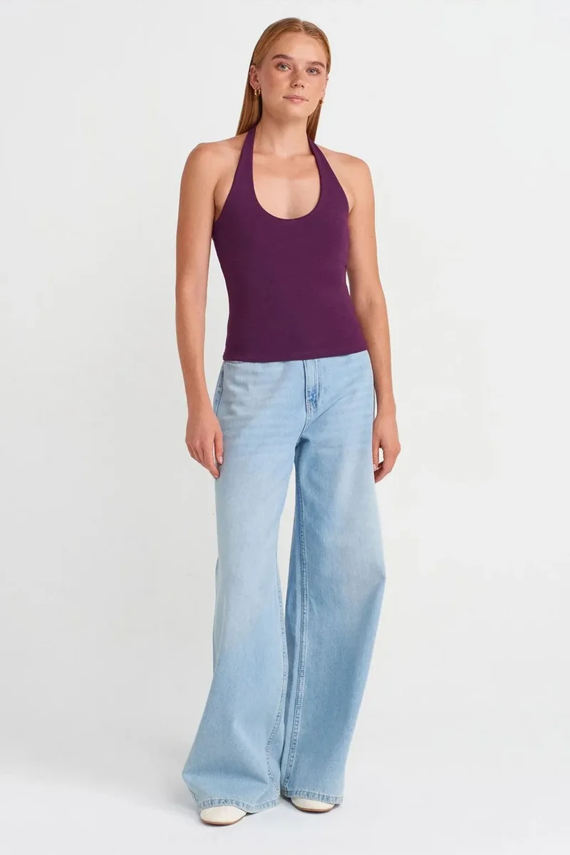 Dilvin Amethyst Purple DILVIN Ribbed Halterneck Sleeveless Blouse for Women | Best Price UAE