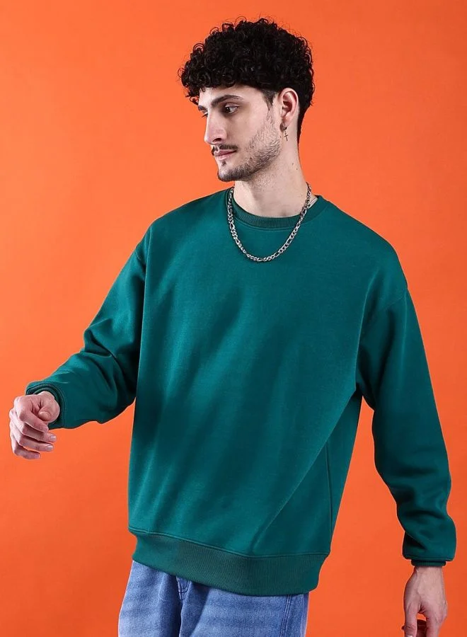 The Indian Garage Co Men Oversized Fit Solid Crew Neck Full Sleeves Sweatshirt