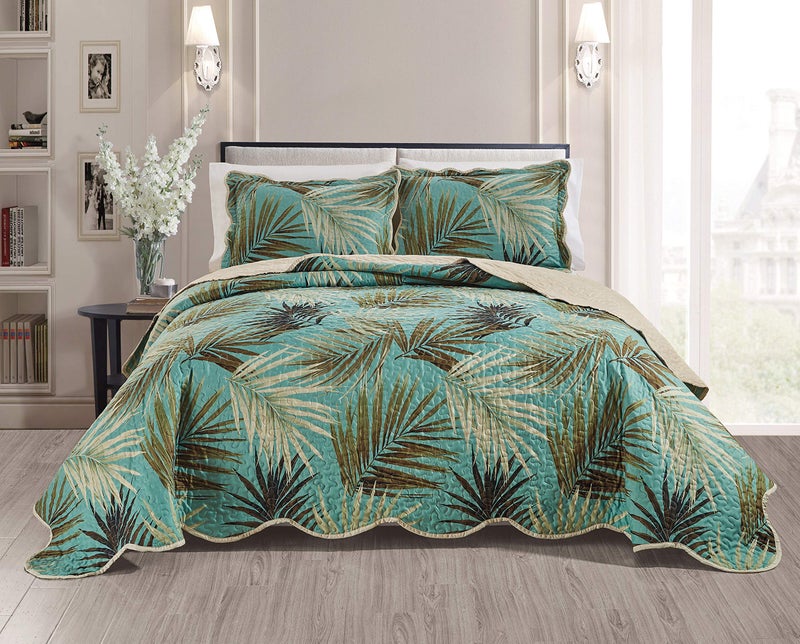 Masterplay 3Piece Fine Printed Tropical Palm Leaves Oversize 118 X 95 Quilt Set Bedspread Coverlet Caifornia Cal King Size Bed Cover Sage Aqua Brown Khaki