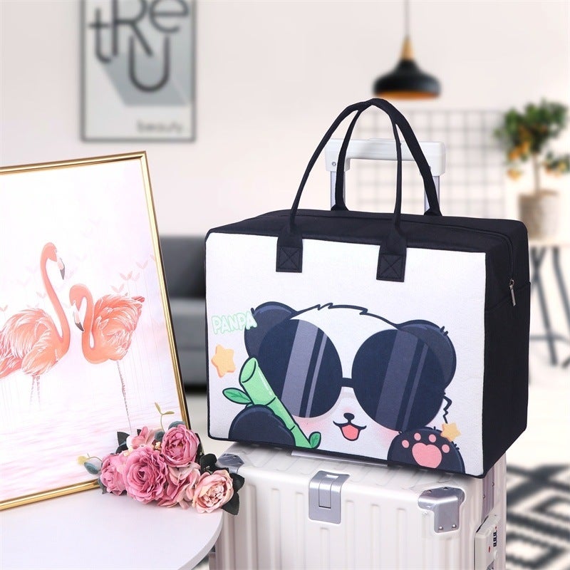 Felt Storage Cartoon Travel Bag Large Capacity Essential Storage Bag for Going Out Luggage Bag Trolley Case Can Be Used as a Suitcase Panda with black glasses