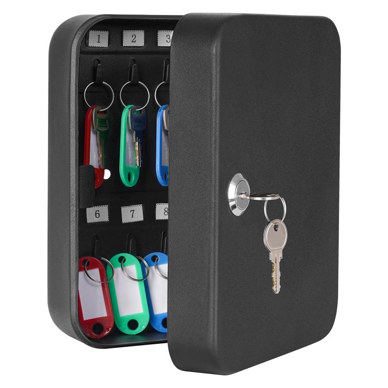 KYODOLED Key Cabinet Wall Mount, Locking Key Box Organizer, Key Lock Box with Key, Key Holder Lock Box for Wall, 20 Key Hooks & Tags Key Lab,7.8"x6.3"x3.14" Black - Image 1