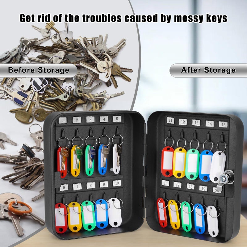 KYODOLED Key Cabinet Wall Mount, Locking Key Box Organizer, Key Lock Box with Key, Key Holder Lock Box for Wall, 20 Key Hooks & Tags Key Lab,7.8"x6.3"x3.14" Black - Image 4