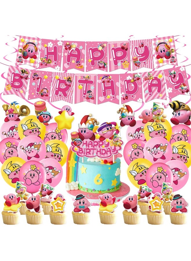 Zeemey - Kirby Theme Balloon Set with Happy Birthday Banner,Cake Topper,Hanging Spins,Perfect for Graduation Baby Shower Birthday Bachelorette Party Backdrop Decoration,Suitable for Indoor and Outdoor - Image 1