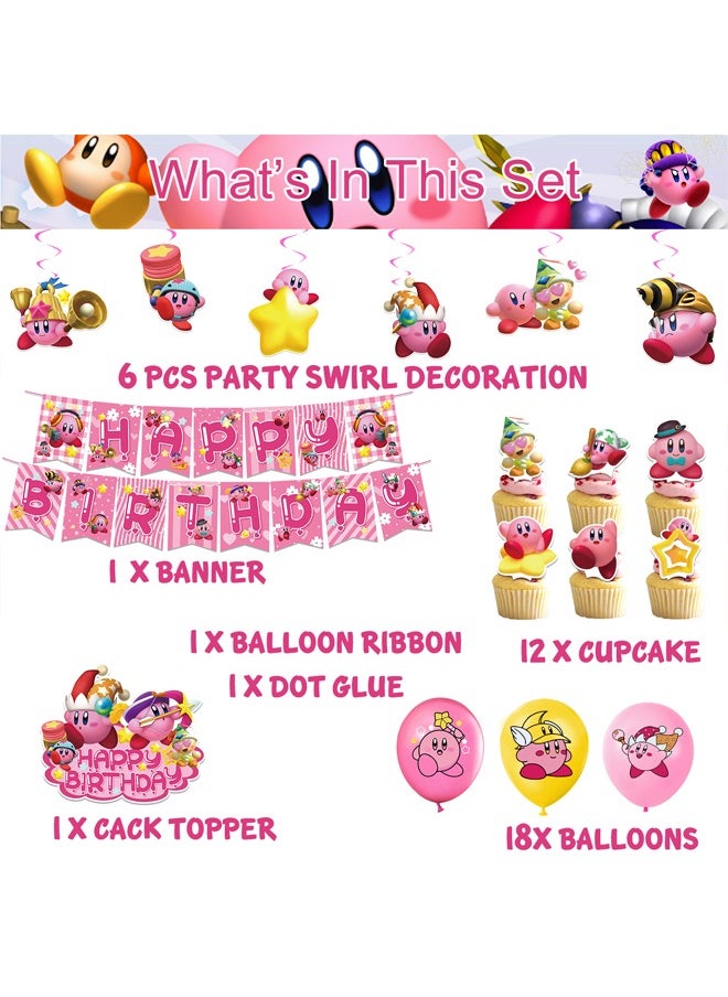 Zeemey - Kirby Theme Balloon Set with Happy Birthday Banner,Cake Topper,Hanging Spins,Perfect for Graduation Baby Shower Birthday Bachelorette Party Backdrop Decoration,Suitable for Indoor and Outdoor - Image 1