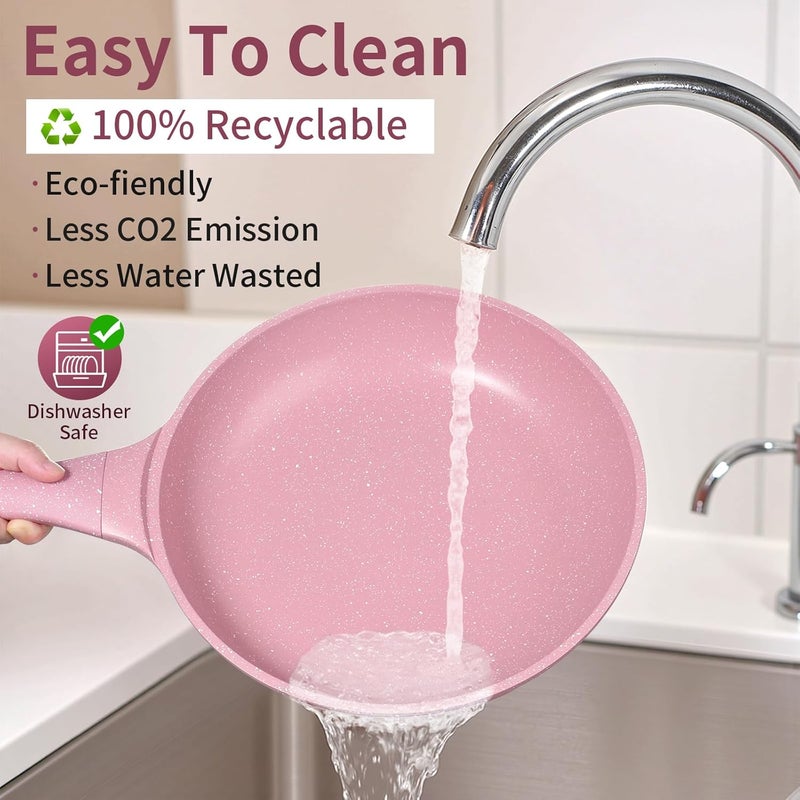 Xuanying 10 Inch Non Stick Frying Pans with Lid - 100% PFOA PFAS Free, Super Nonstick, All Stovetop Compatible Induction Gas Electric, Omelette & Egg Pan, Dishwasher Safe, Eco-Friendly Pink Pan - Image 5