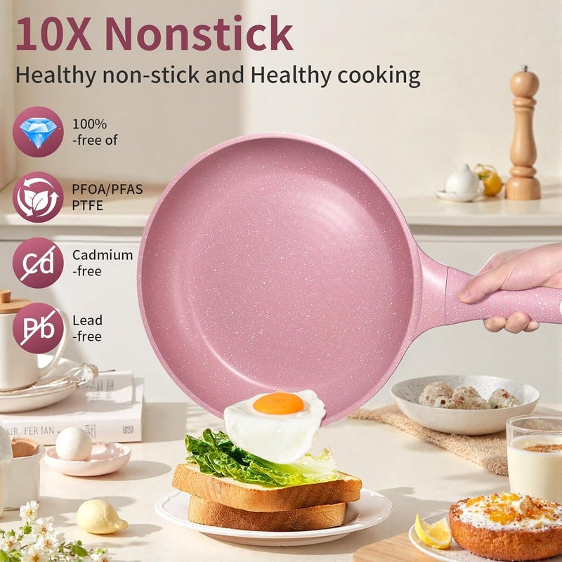 Xuanying 10 Inch Non Stick Frying Pans with Lid - 100% PFOA PFAS Free, Super Nonstick, All Stovetop Compatible Induction Gas Electric, Omelette & Egg Pan, Dishwasher Safe, Eco-Friendly Pink Pan - Image 4