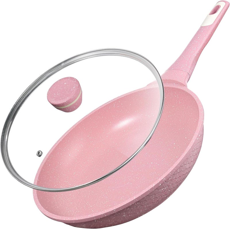 Xuanying 10 Inch Non Stick Frying Pans with Lid - 100% PFOA PFAS Free, Super Nonstick, All Stovetop Compatible Induction Gas Electric, Omelette & Egg Pan, Dishwasher Safe, Eco-Friendly Pink Pan - Image 1