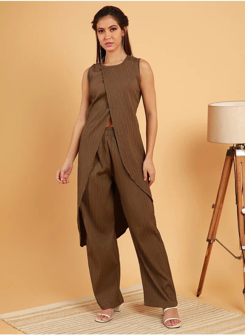 QISSA Women's Taupe Brown Textured Wrap Kurta With Trousers