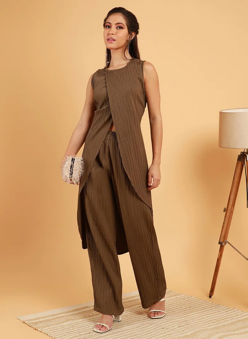 QISSA Women's Taupe Brown Textured Wrap Kurta With Trousers