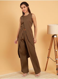  قصة Women's Taupe Brown Textured Wrap Kurta With Trousers  - Image 3