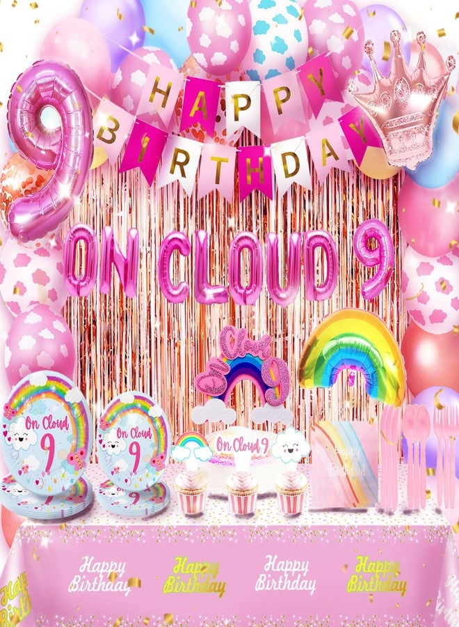 BEOXAGAR On Cloud 9 Birthday Party Decorations On Cloud 9 Birthday Party Supplies Balloon Arch Backdrop Cake Topper Plates Napkins for 9 Year Old Girl 9th Party Decorations - Image 1