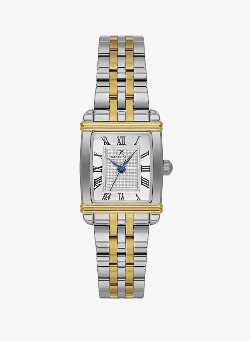 Daniel Klein Women's Stainless Steel Silver and Gold Alloy Case Analog Silver Square Emboss Dial Japanese Quartz Premium 30 Meters Water Resistant