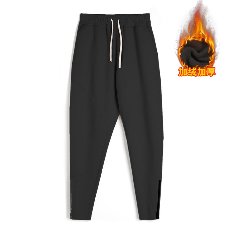 fleece-lined Thickened Sweater Sports Mens Running Loose Autumn and Winter American Style Fitness Pants Straight Tube Zipper Leg Casual Pants Black 