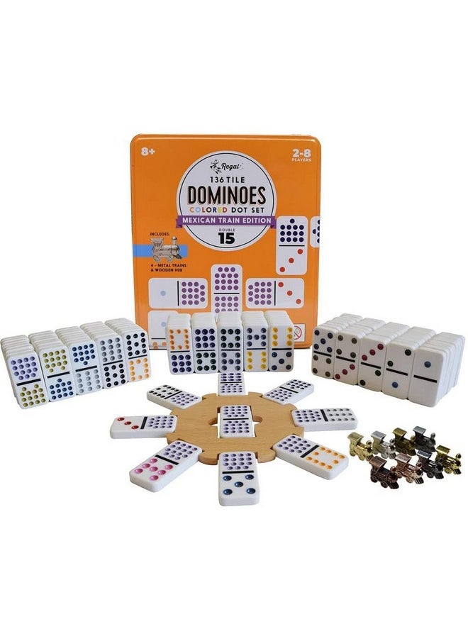 Regal Games - Mexican Train Dominoes Game Set Double 15 Colored Dot Dominoes Fun Familyfriendly Game Includes 136 Tiles 8 Metal Trains Wooden Hub Collector’S Tin For 28 Players - Image 1