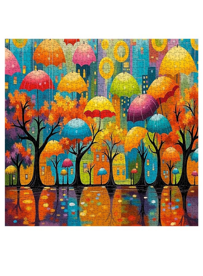 PPuzzling Colorful Umbrella Cityscape Puzzles for Adults 1000 Pieces, Nature Rainy City Street Landscape with Autumn Trees Jigsaw Puzzle, Challenging Artistic Umbrella Reflection Scene Puzzle as Home Wall Decor - Image 1