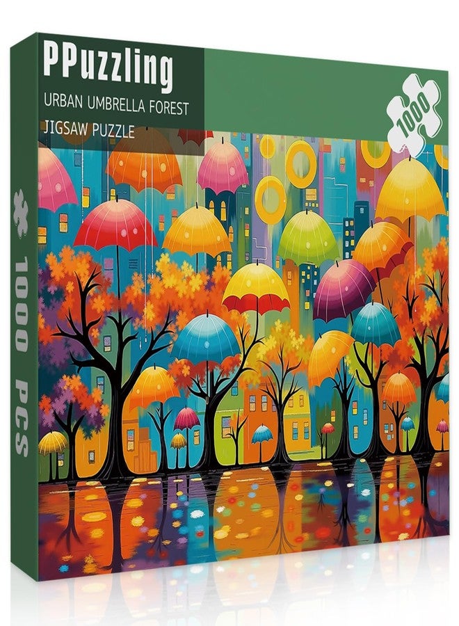 PPuzzling Colorful Umbrella Cityscape Puzzles for Adults 1000 Pieces, Nature Rainy City Street Landscape with Autumn Trees Jigsaw Puzzle, Challenging Artistic Umbrella Reflection Scene Puzzle as Home Wall Decor - Image 2