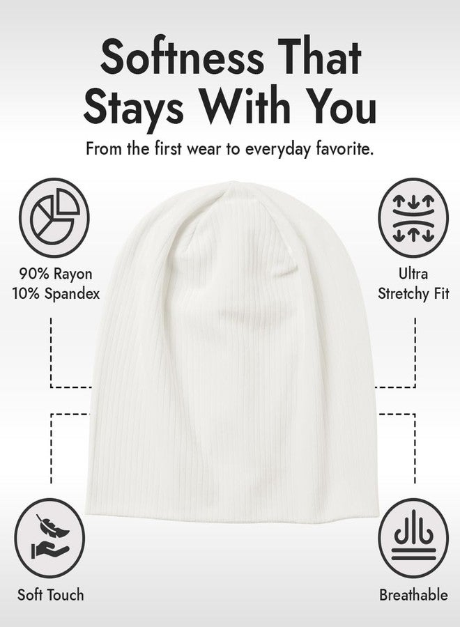 Revony Lightweight Fashion Beanie - Buttery Soft, Slouchy Style, Ribbed Detail - for Men & Women White - Image 4