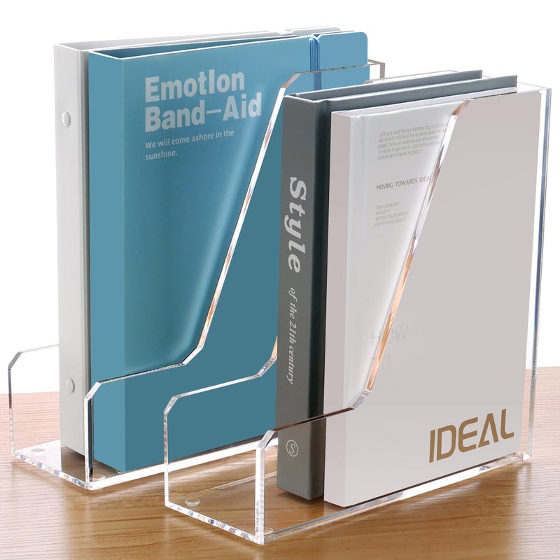 SANRUI 2 Pack Acrylic Magazine File Holder, Vertical File Sorter Holders Desk Organizer, Clear Folder Organizer Document Rack for Office Desktop, Home Workspace, 8.66inx8.46inx3.15in - Image 1