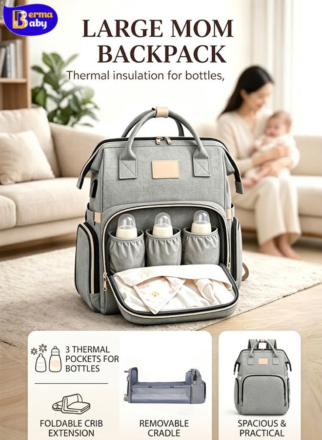 Berma Baby سرير أطفال قابل للطي محمول، حقيبة ظهر كبيرة السعة لحفاضات الأطفال، شحن USB، حقيبة ظهر متعددة الوظائف للسفر مع مظلة شمسية، وسادة تغيير الحفاضات وجيب معزول للأمهات حديثات الولادة - Image 1