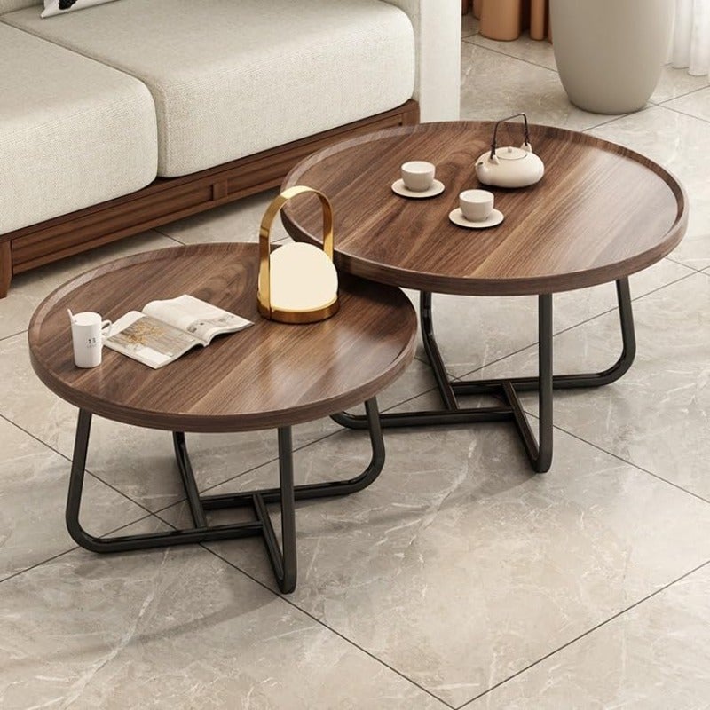 طقم طاولات قهوة متداخلة مكون من قطعتين بلون خشب الجوز، طاولة جانبية مودرن، طاولة مستديرة بجانب السرير، لطاولة غرفة المعيشة غرفة النوم الشرفة الحديقة - Image 1