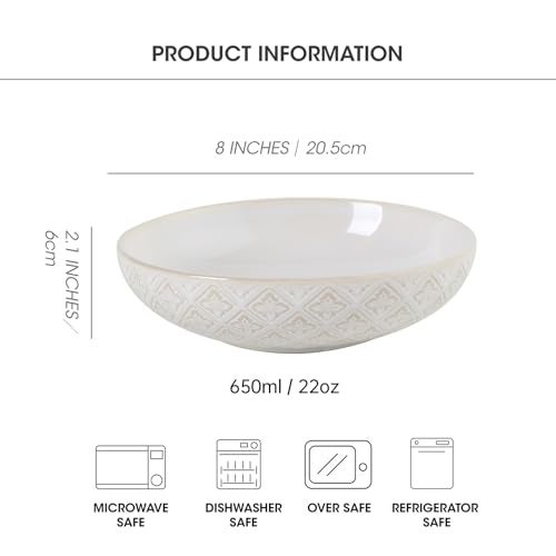 Feenmai 22 Oz Pasta Bowls Set of 4 - Ceramic Soup Bowls, 8inch Large Serving Bowl, Porcelain Kitchen Embossed Dish for Salad, Fruit, Rice, Desserts, Housewarming Present, Dishwasher Safe - Image 3