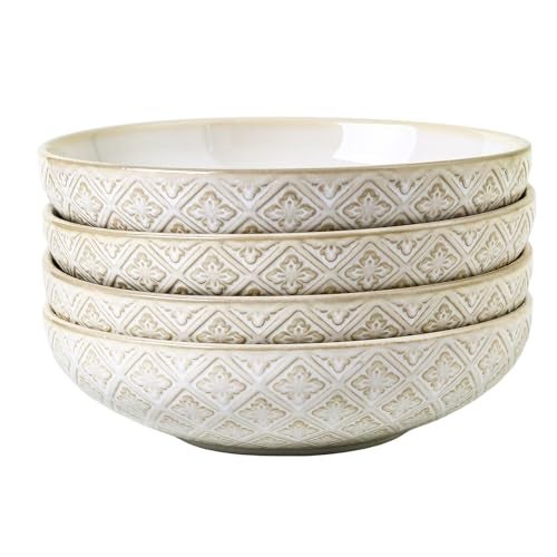 Feenmai 22 Oz Pasta Bowls Set of 4 - Ceramic Soup Bowls, 8inch Large Serving Bowl, Porcelain Kitchen Embossed Dish for Salad, Fruit, Rice, Desserts, Housewarming Present, Dishwasher Safe - Image 1