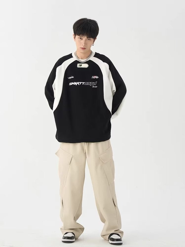 2024 Spring Autumn Retro Sweatshirt Unisex Casual Long Sleeve Patchwork Black [with real pictures]]