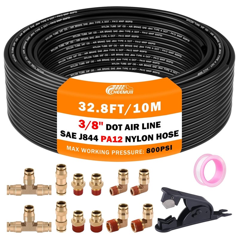 CheeMuii 3/8" DOT Air Hose Kit with Brass Fittings - 32.8FT Air Brake Line for Trucks - Image 1