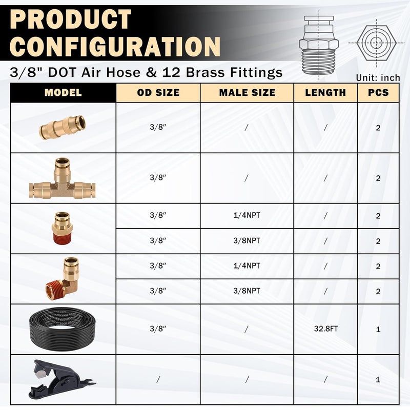 CheeMuii 3/8" DOT Air Hose Kit with Brass Fittings - 32.8FT Air Brake Line for Trucks - Image 2