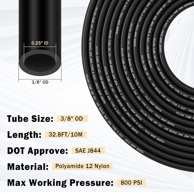 CheeMuii 3/8" DOT Air Hose Kit with Brass Fittings - 32.8FT Air Brake Line for Trucks - Image 3