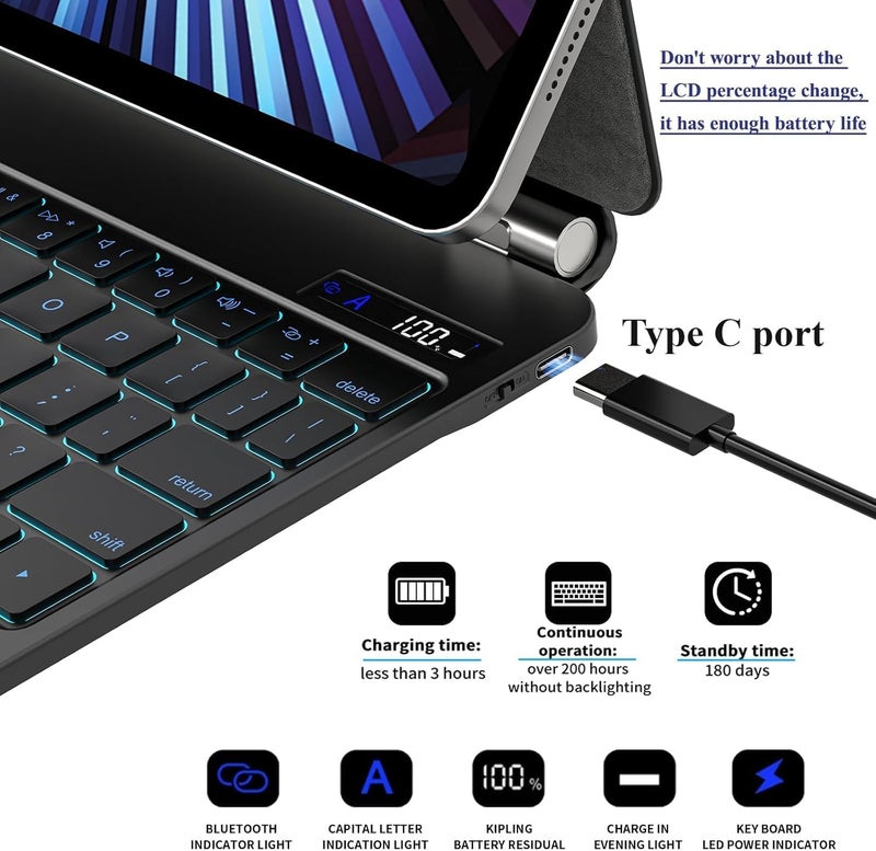 آرترابيت 【English & Arabic】لوحة مفاتيح سحرية لـ iPad Pro 11 بوصة 2024 (M4)، حافظة لوحة مفاتيح لـ iPad Pro 11" M4 مع حامل عائم مغناطيسي، لوحة لمس متعددة اللمس، شاشة رقمية، مفاتيح بإضاءة خلفية بـ 7 ألوان - Image 5