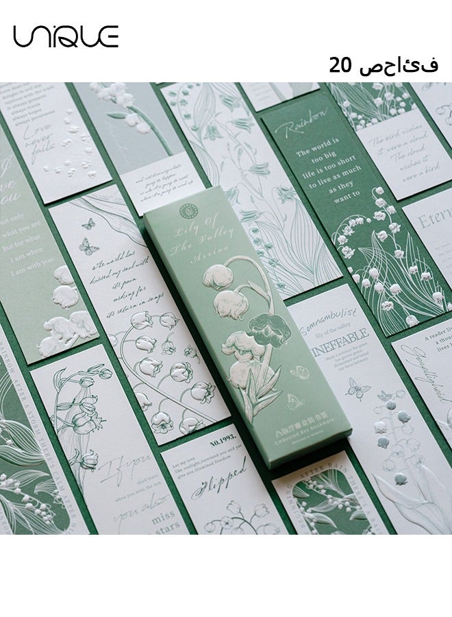 20 Pcs Relief Bookmark - Literary Hand-drawn Style Bookmark - Aesthetic Bookmark - Paper Bookmark - Women's Gift to Book Lovers (Lily of the Valley to the theme)