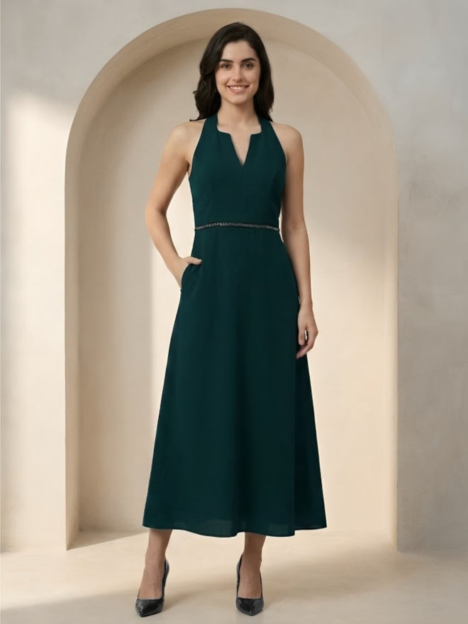 Mish Dark Green Halter Neck Maxi Dress with Beaded Waist - Image 1