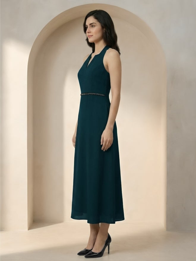 Mish Dark Green Halter Neck Maxi Dress with Beaded Waist - Image 4