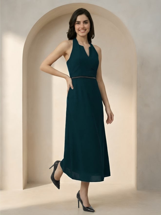 Mish Dark Green Halter Neck Maxi Dress with Beaded Waist - Image 3